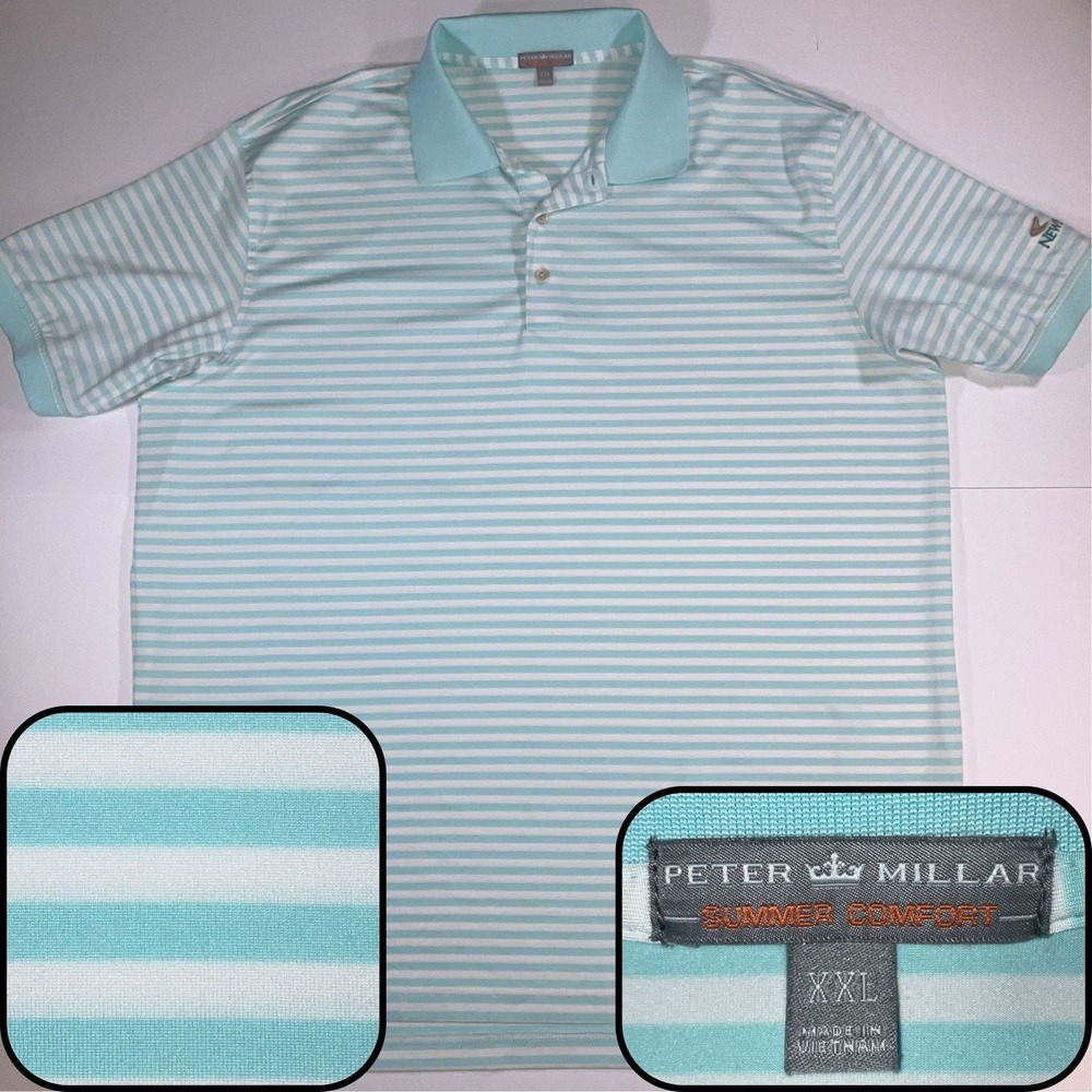Peter Millar Summer‎ Comfort Polo Mens 2XL Aqua Blue Stripe Golf *Flaw